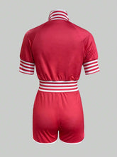 Card Print Striped Patchwork Zip Front Top And Shorts Set